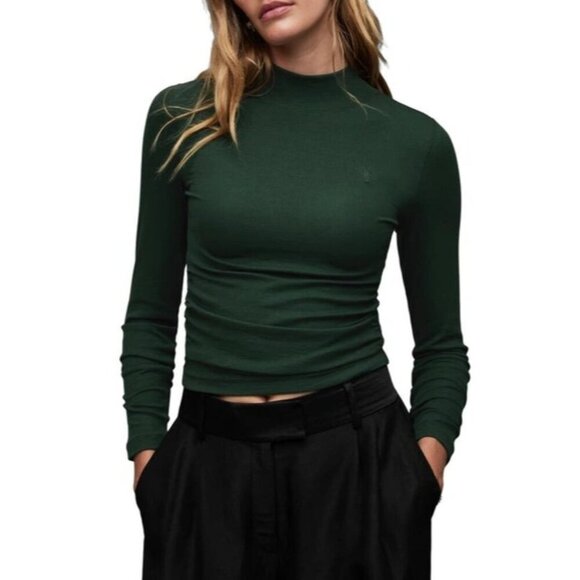ALLSAINTS Rina Long Sleeve Roll Neck Tee in Sycamore Green Small New Womens Top - Picture 15 of 16
